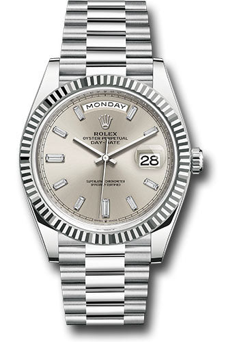Rolex Platinum Day-Date 40 Watch - Fluted Bezel - Silver Rolex Platinum Day-Date 40 Watch - Fluted Bezel - Silver