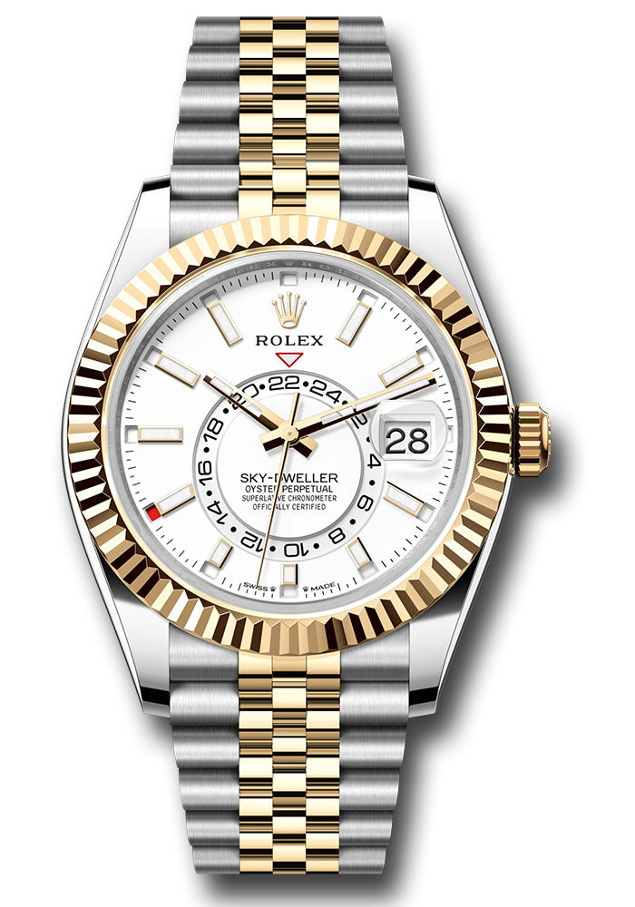 Rolex Yellow Rolesor Sky-Dweller Watch - Fluted Ring Command Bezel - White Index Dial - Jubilee Bracelet - 336933 wij
