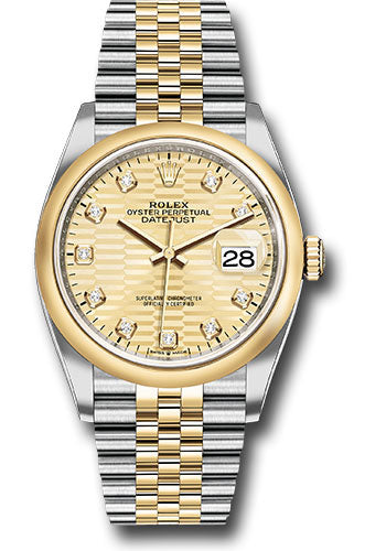 Rolex Yellow Rolesor Datejust 36 Watch - Domed Bezel - Golden Fluted Motif Diamond Dial - Jubilee Bracelet - 126203 gflmdj