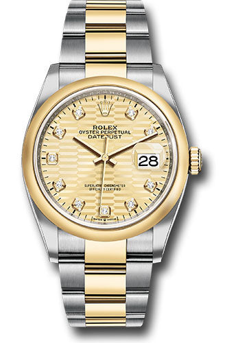 Rolex Yellow Rolesor Datejust 36 Watch - Domed Bezel - Golden Fluted Motif Diamond Dial - Oyster Bracelet - 126203 gflmdo