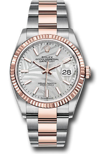 Rolex Everose Rolesor Datejust 36 Watch - Fluted Bezel - Silver Palm Motif Index Dial - Oyster Bracelet - 126231 spmio