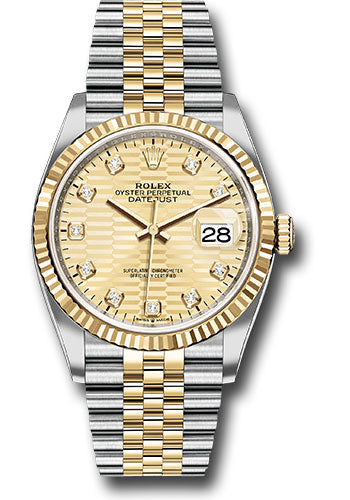 Rolex Yellow Rolesor Datejust 36 Watch - Fluted Bezel - Golden Fluted Motif Diamond Dial - Jubilee Bracelet - 126233 gflmdj