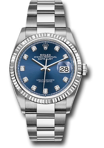 Rolex Steel Datejust 36 Watch - Fluted Bezel - Blue Diamond Dial - Oyster Bracelet - 126234 bldo