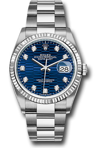 Rolex White Rolesor Datejust 36 Watch - Fluted Bezel - Bright Blue Fluted Motif Diamond Dial - Oyster Bracelet - 126234 blflmdo