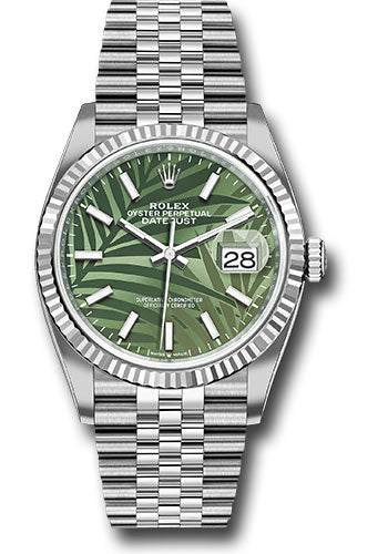 Rolex White Rolesor Datejust 36 Watch - Fluted Bezel - Olive Green Palm Motif Dial - Jubilee Bracelet - 2021 Release - 126234 ogpmij