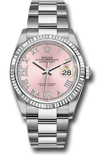 Rolex Steel Datejust 36 Watch - Fluted Bezel - Pink Diamond Roman VI and IX Dial - Oyster Bracelet - 126234 pdr69o