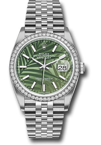 Rolex White Rolesor Datejust 36 Watch - Diamond Bezel - Olive Green Palm Motif Index 6 Dial - Jubilee Bracelet - 126284rbr ogpmij