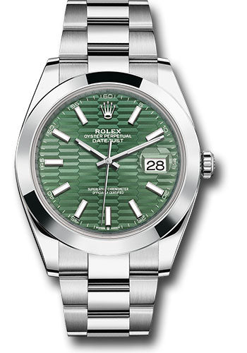 Rolex Oystersteel Datejust 41 Watch - Smooth Bezel - Mint Green Fluted Motif Index Dial - Oyster Bracelet - 126300 mgflmio