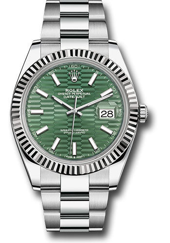 Rolex White Rolesor Datejust 41 Watch - Fluted Bezel - Mint Green Fluted Motif Index Dial - Oyster Bracelet - 126334 mgflmio