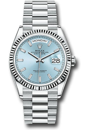 Rolex Platinum Day-Date 36 Watch - Fluted Bezel - Ice Blue Dial - President Bracelet - 128236 ibbdp