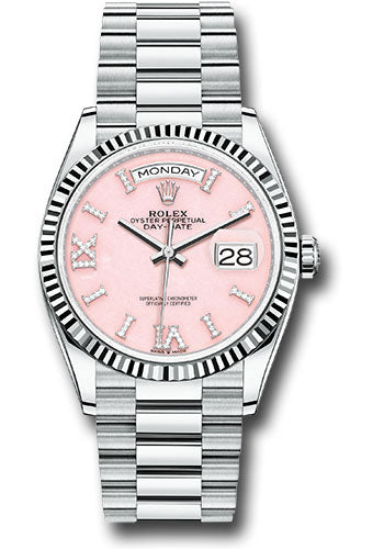 Rolex Platinum Day-Date 36 Watch - Fluted Bezel - Pink Opal Diamond Index Roman 9 Dial - President Bracelet - 128236 podidrp