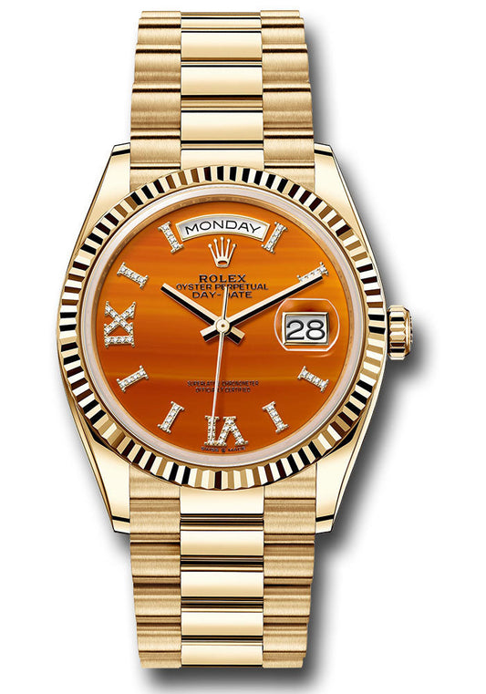 Rolex Yellow Gold Day-Date 36 Watch - Fluted Bezel - Carnelian Diamond Index Roman 9 Dial - President Bracelet - 128238 cardidrp