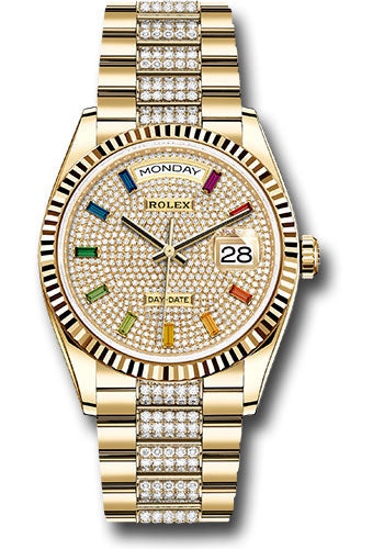 Rolex Yellow Gold Day-Date 36 Watch - Fluted Bezel - Diamond-Paved Dial - Diamond President Bracelet - 128238 dprsdp