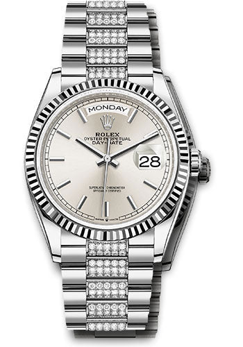 Rolex White Gold Day-Date 36 Watch - Fluted Bezel - Silver Index Dial - Diamond President Bracelet - 128239 sidp