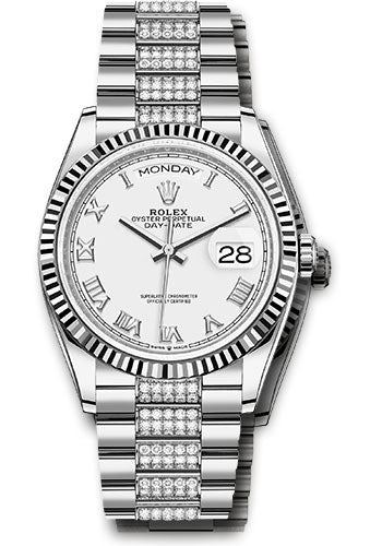 Rolex White Gold Day-Date 36 Watch - Fluted Bezel - White Roman Dial - Diamond President Bracelet - 128239 wrdp