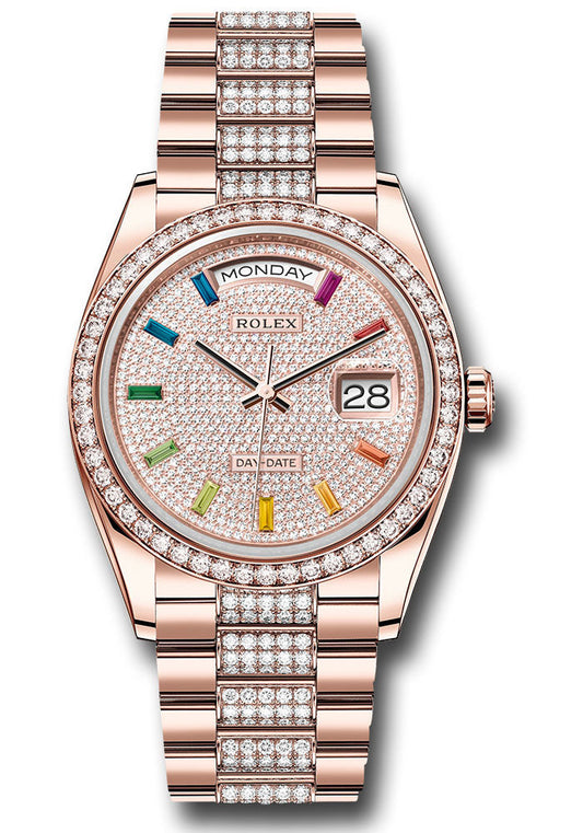 Rolex Everose Gold Day-Date 36 Watch - Diamond Bezel - Diamond-Paved Rainbow Sapphire Dial - Diamond President Bracelet - 128345RBR dprsdp