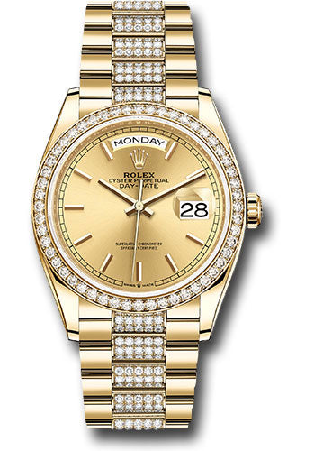 Rolex Yellow Gold Day-Date 36 Watch - Diamond Bezel - Champagne Index Dial - Diamond President Bracelet - 128348rbr chidp