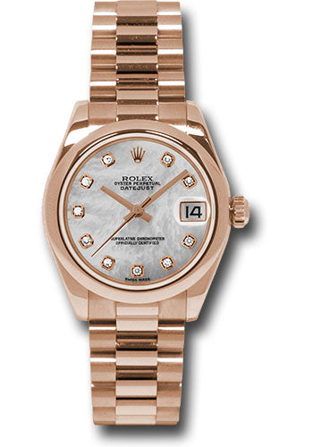 Rolex Pink Gold Datejust 31 Watch - Domed Bezel - Mother-Of-Pearl Diamond Dial - President Bracelet - 178245 mdp