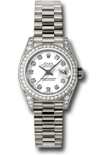 Rolex White Gold Lady-Datejust 26 Watch - 42 Diamond Bezel - White Diamond Dial - President Bracelet - 179159 wdp