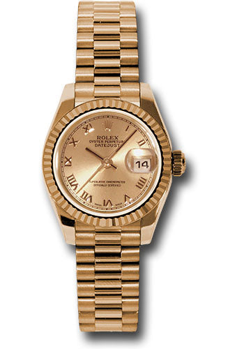 Rolex Pink Gold Lady-Datejust 26 Watch - Fluted Bezel - Champagne Roman Dial - President Bracelet - 179175 chrp