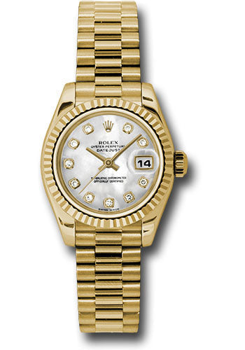 Rolex Yellow Gold Lady-Datejust 26 Watch - Fluted Bezel - Mother-Of-Pearl Diamond Dial - President Bracelet - 179178 mdp