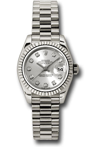 Rolex White Gold Lady-Datejust 26 Watch - Fluted Bezel - Silver Diamond Dial - President Bracelet - 179179 sdp