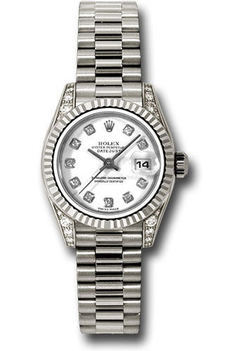 Rolex White Gold Lady-Datejust 26 Watch - Fluted Bezel - White Diamond Dial - President Bracelet - 179239 wdp