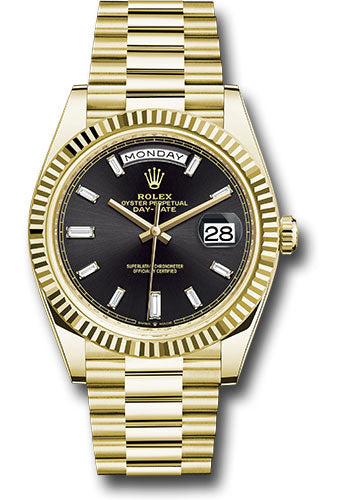 Rolex Yellow Gold Day-Date 40 Watch - Fluted Bezel - Black Baguette Diamond Dial - President Bracelet - 228238 bkbdp