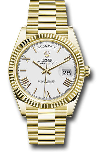 Rolex Yellow Gold Day-Date 40 Watch - Fluted Bezel - White Bevelled Roman Dial - President Bracelet - 228238 wrp