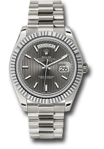 Rolex White Gold Day-Date 40 Watch - Fluted Bezel - Dark Rhodium Stripe Motif Index Dial - President Bracelet - 228239 rsmip