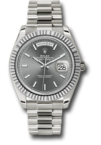 Rolex White Gold Day-Date 40 Watch - Fluted Bezel - Slate Index Dial - President Bracelet - 228239 slip