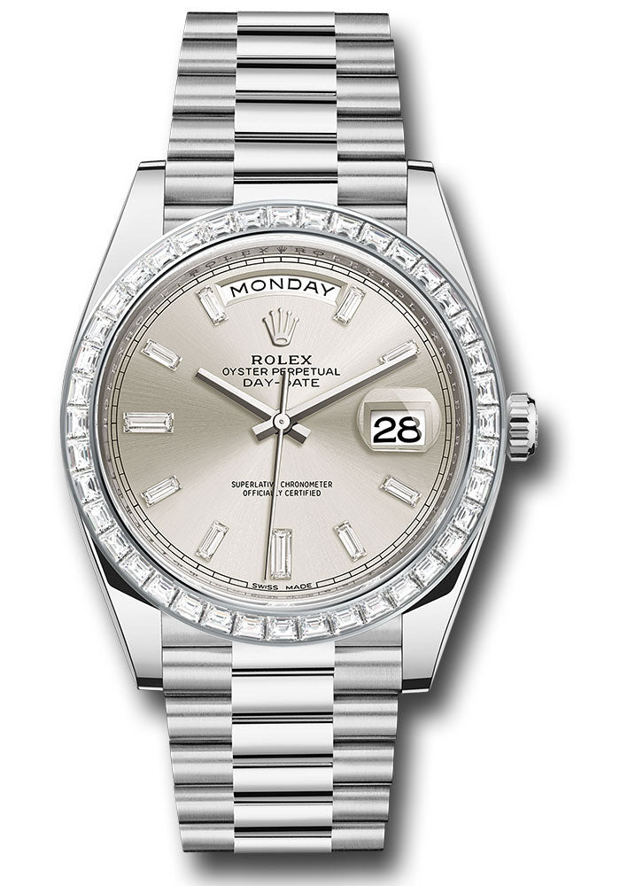 Rolex 950 Platinum Day-Date 40 Watch - Baguette Diamond Bezel - Silver Baguette Diamond Dial - President Bracelet - 228396TBR sbdp