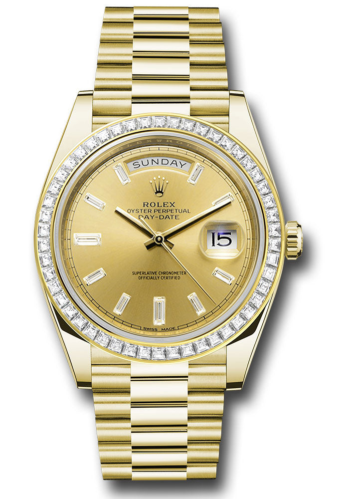 Rolex Yellow Gold Day-Date 40 Watch - Baguette Diamond Bezel - Champagne Baguette Diamond Dial - President Bracelet - 228398TBR chbdp