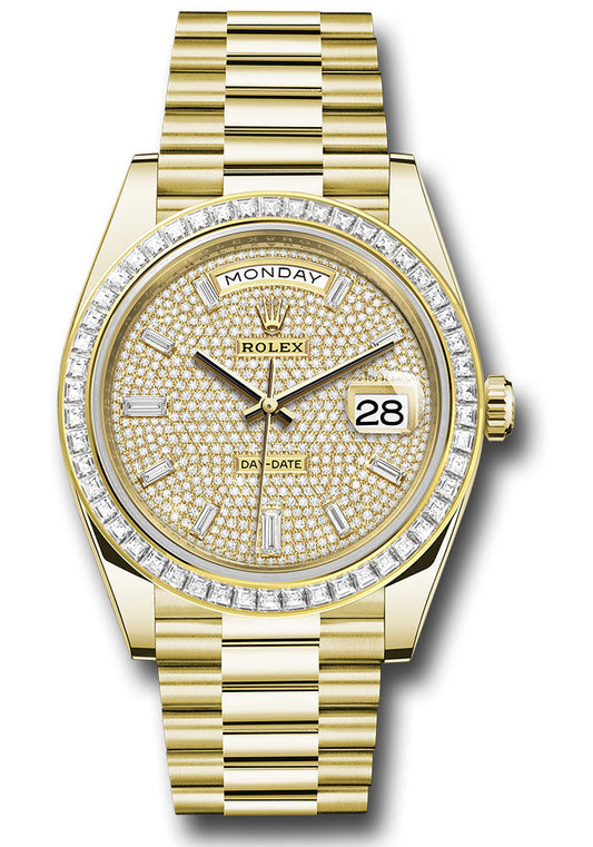 Rolex Yellow Gold Day-Date 40 Watch - Baguette Diamond Bezel - Diamond-Paved Dial - President Bracelet - 228398tbr dpbdp