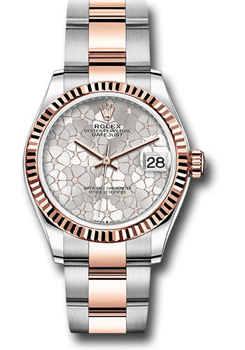 Rolex Everose Rolesor Datejust 31 Watch - Fluted Bezel - Silver Floral Motif Diamond Dial - Oyster Bracelet - 278271 sflomdo