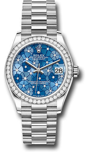 Rolex White Gold Datejust 31 Watch - Diamond Bezel - Azzurro Blue Floral Motif Diamond Dial - President Bracelet - 278289rbr azflomdp