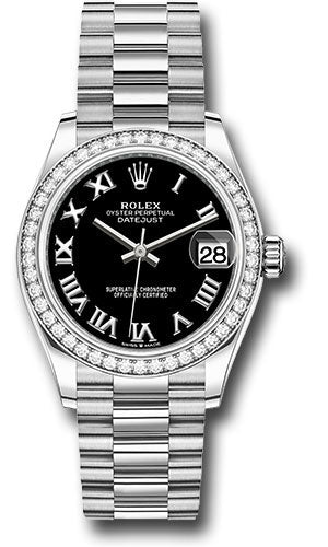 Rolex White Gold Datejust 31 Watch - Diamond Bezel - Bright Black Roman Dial - President Bracelet - 278289rbr bkrp