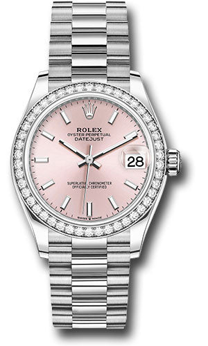 Rolex White Gold Datejust 31 Watch - Diamond Bezel - Pink Index Dial - President Bracelet - 278289rbr pip