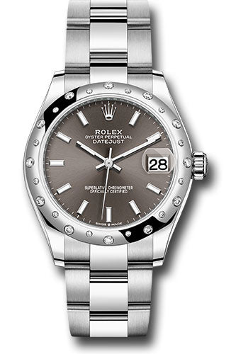 Rolex Steel and White Gold Datejust 31 Watch - Domed 24 Diamond Bezel - Dark Grey Index Dial - Oyster Bracelet - 278344RBR dkgio