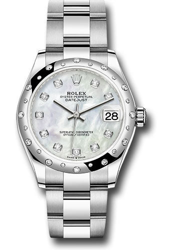 Rolex Steel and White Gold Datejust 31 Watch - Domed 24 Diamond Bezel - White Mother-Of-Pearl Diamond Dial - Oyster Bracelet - 278344RBR mdo