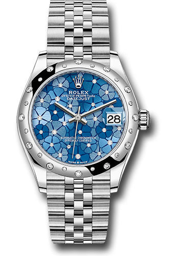 Rolex White Rolesor Datejust 31 Watch - Domed, Diamond Bezel - Azzurro Blue Floral Motif Diamond Dial - Jubilee Bracelet - 278344rbr azflomdj