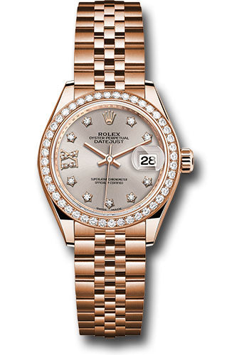 Rolex Everose Gold Lady-Datejust 28 Watch - 44 Diamond Bezel - Silver Sundust Diamond Star Dial - Jubilee Bracelet - 279135RBR s9dix8dj