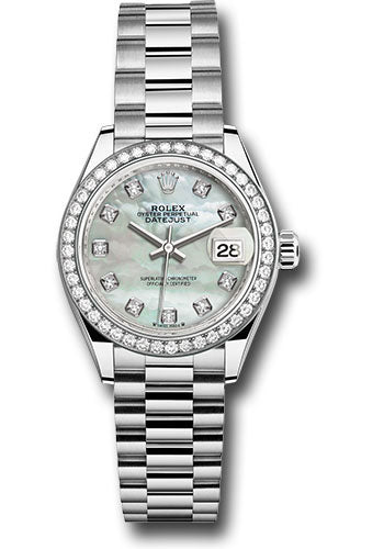 Rolex White Gold Lady-Datejust Watch - 44 Diamond Bezel - White Mother-Of-Pearl Diamond Dial - President Bracelet - 279139rbr mdp