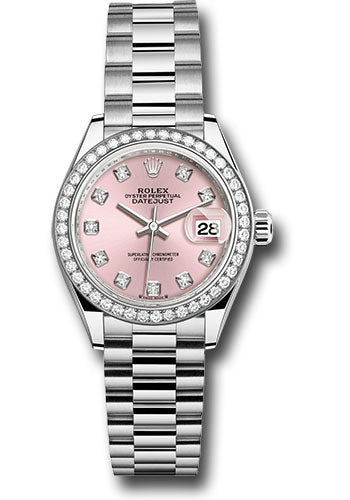 Rolex White Gold Lady-Datejust Watch - 44 Diamond Bezel - Pink Diamond Dial - President Bracelet - 279139rbr pdp