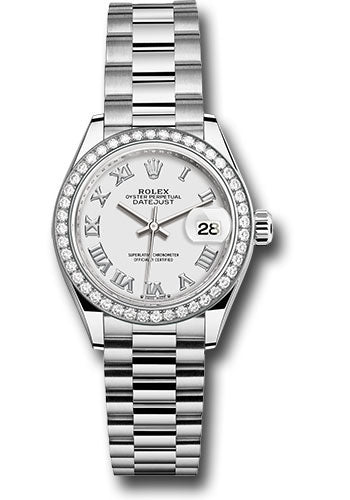 Rolex White Gold Lady-Datejust Watch - 44 Diamond Bezel - White Roman Dial - President Bracelet - 279139rbr wrp