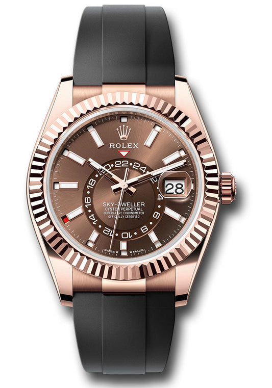 Rolex Everose Gold Sky-Dweller Watch - Fluted Ring Command Bezel - Chocolate Index Dial - Oysterflex Strap - 336235 choiof