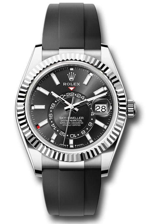 Rolex White Gold Sky-Dweller Watch - Fluted Ring Command Bezel - Black Index Dial - Oysterflex Strap - 336239 bkiof