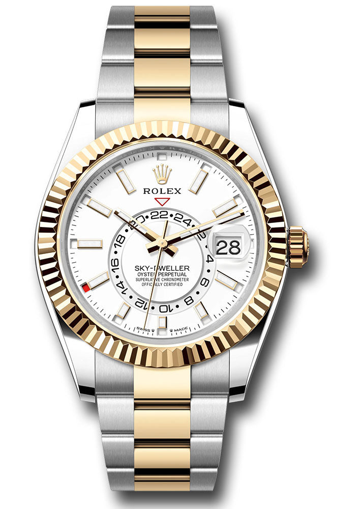 Rolex Yellow Rolesor Sky-Dweller Watch - Fluted Ring Command Bezel - White Index Dial - Oyster Bracelet - 336933 wio