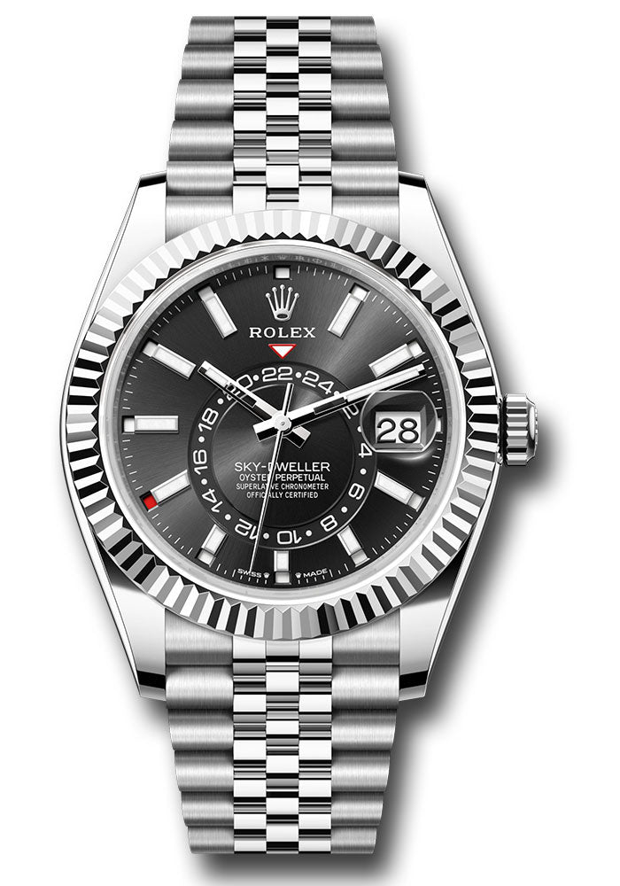 Rolex White Rolesor Sky-Dweller Watch - Fluted Ring Command Bezel - Black Index Dial - Jubilee Bracelet - 336934 bkij