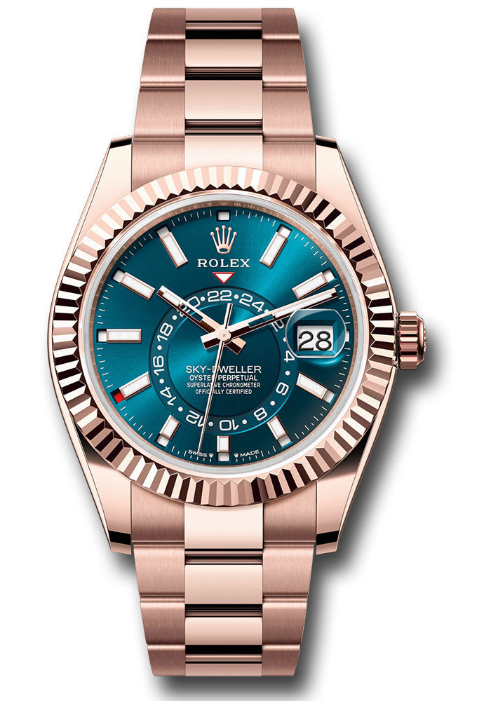 Rolex Everose Gold Sky-Dweller Watch - Fluted Ring Command Bezel - Blue-Green Index Dial - Oyster Bracelet - 336935 bgio